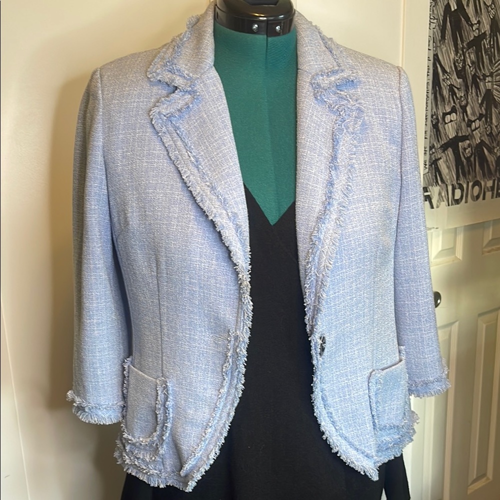 Vintage Perceptions Blue Tweed Style Blazer with Frayed Trim